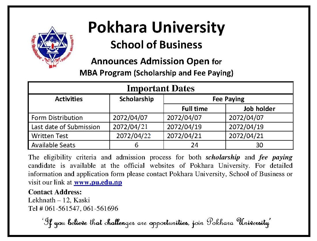 MBA Admission Notice For Fee Paying An Official Site Of Pokhara 